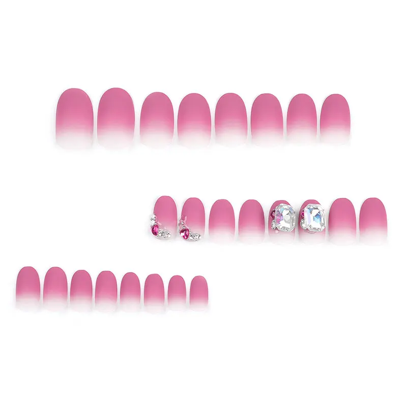 Unhas falsas curtas com diamante incrustado, manicure patches, carmim vermelho, 24 pcs/box