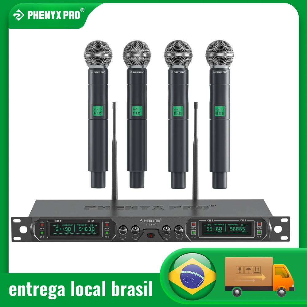 Phenyx Pro Wireless Microphone System Karaoke Home System 4-Channel UHF Professional  Speaker Singing Party PTU-5000