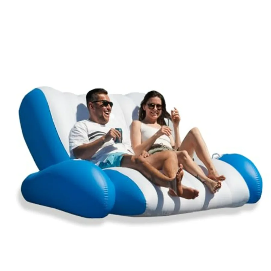 Outdoor inflatable pool floats for adults, PVC recliner luxury float in blue, supports 2-3 persons with handles and cup holder