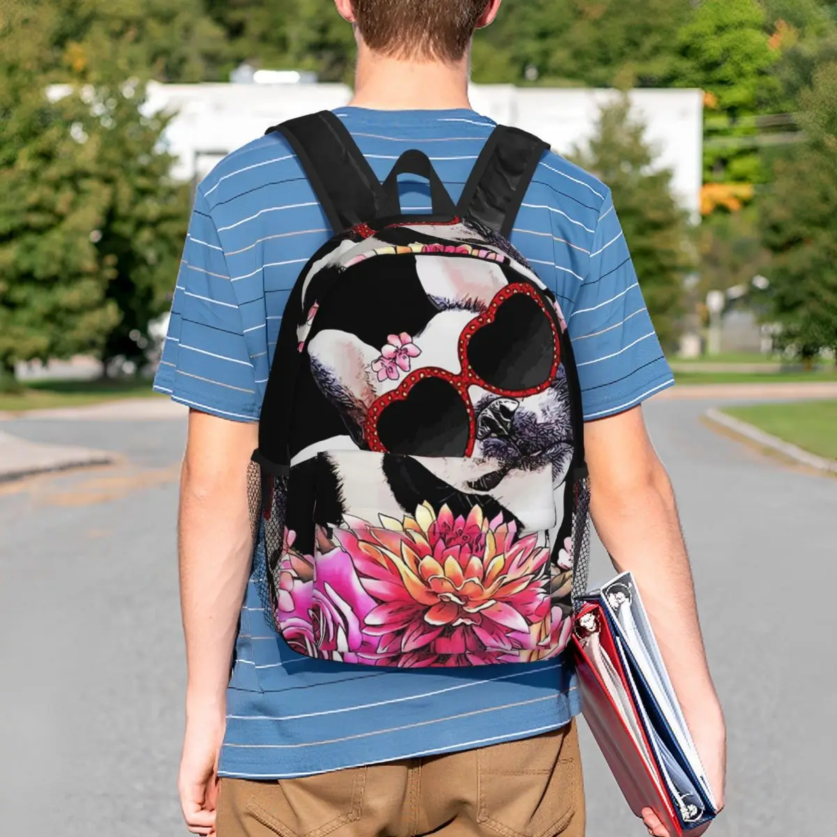 French Bulldog With Flowers Backpack Student BookBag Children School Bag Laptop Shoulder Bags for Boys Girls