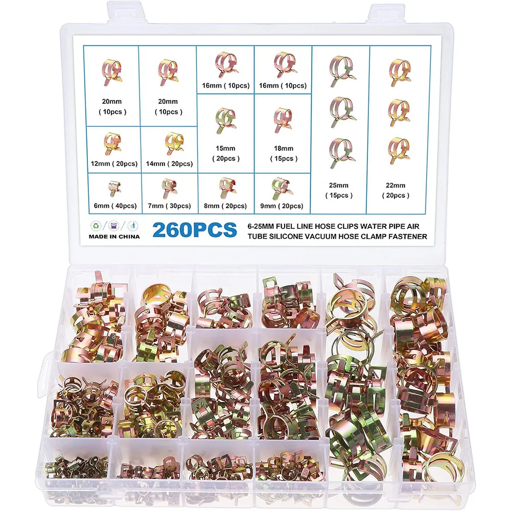 

260 PCS 6-25mm Fuel Line Hose Spring Clip Clamps Fasteners Silicone Vacuum Hose Pipe Clamp Steel Wire Air Tube Water Pipe Clip