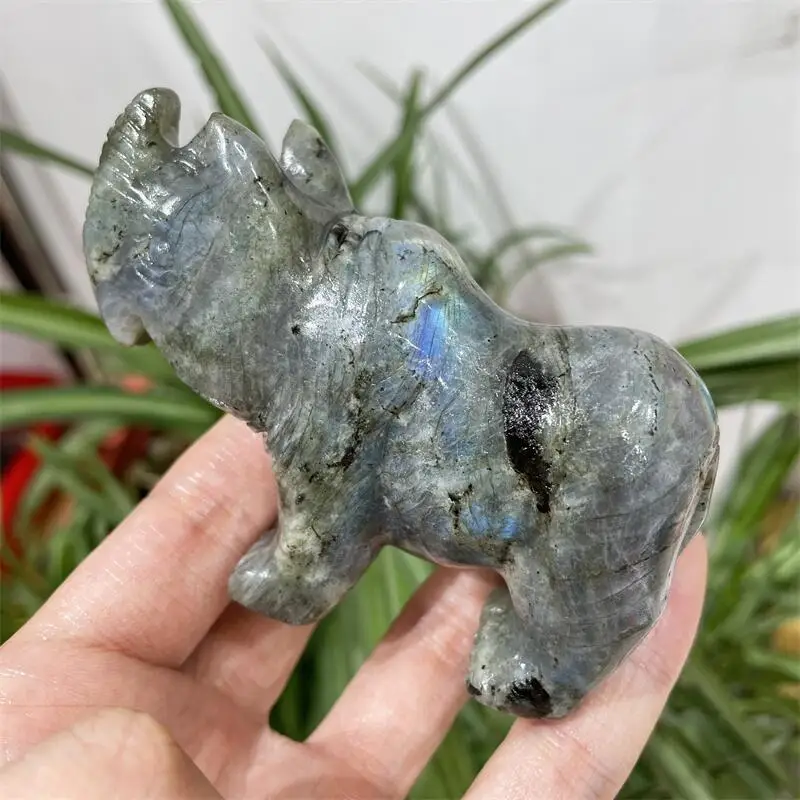 9CM Natural Labradorite Rhinoceros  Crystal Animal Carving Healing Energy Stone Home Decoration Birthday Gift 1pc