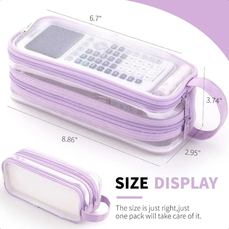 ANGOOBABY Large Grid Mesh Pencil Case 2 Compartment Pen Bag Clear Handheld Multifunction Pencil Pouch Transparent Makeup Bag fo