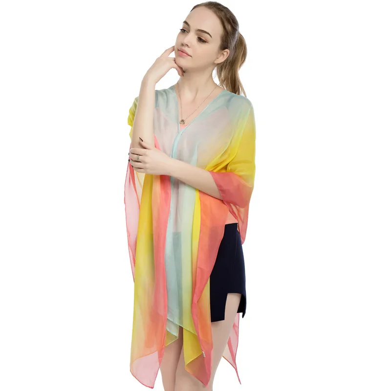 Capa feminina de pulôver chiffon, capa de poncho feminino, seda imitação rosa, estampa arco-íris gradiente, protetor solar, estilo verão, novo