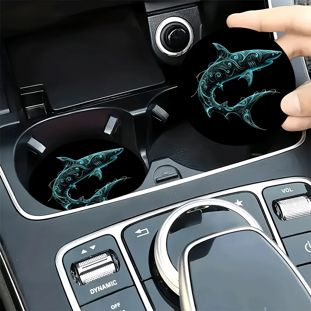 2pcs Fluorescent Patterned Shark Jumping Deep Sea Themed Car Coasters - Durable And Non-Slip Car Cup Holders Featuring Cute And
