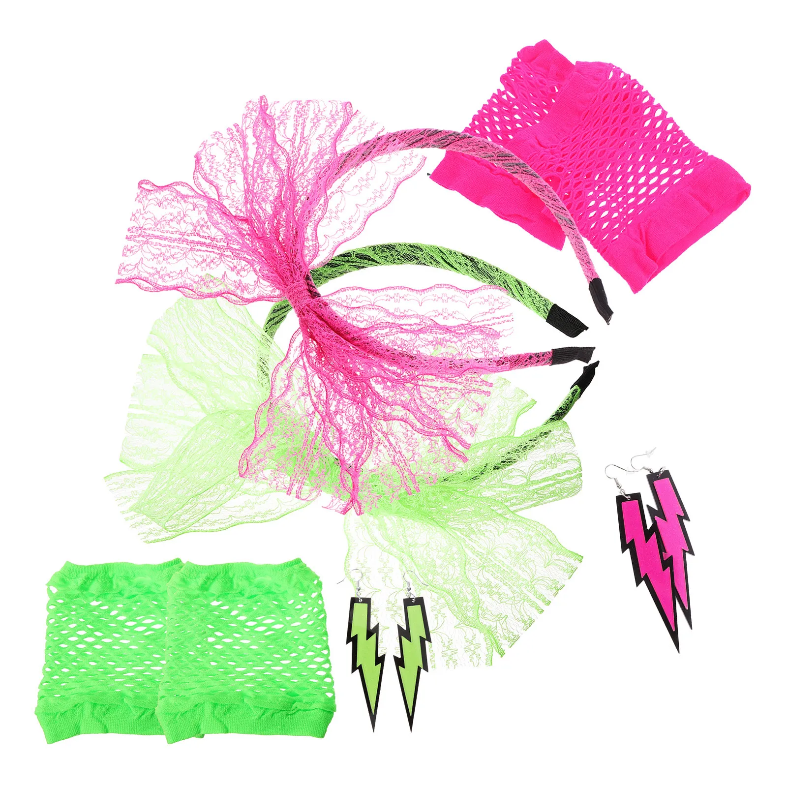 2 sets neon feestaccessoires voor vrouwen 80S kanten hoofdband oorbellen vingerloze visnethandschoenen retro vintage prom danskostuum