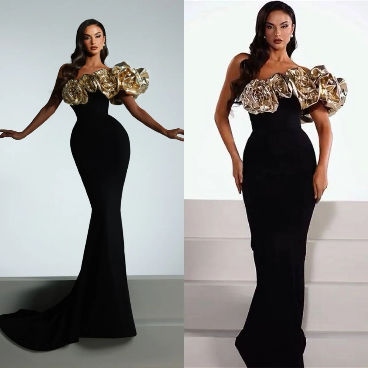 

Black Mermaid Evening Dresses New Flowers Off Shoulder Graduation Vestidos de Festia Classic Sleeveless Formal Party Gowns