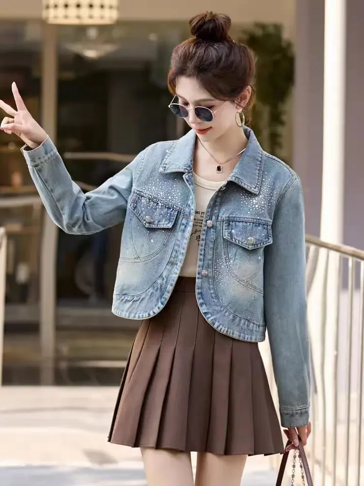 Female Jeans Coats Diamonds Crop Spring Autumn Short Blue with Rhinestones Small Sequin Studded Women\'s Denim Jackets Original