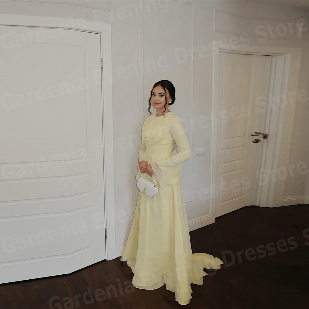 

Arabic A Line Women's Evening Dresses O Neck Prom Gowns Customized Long Sleeve فساتين للمناسبات الخاصة Pleated Robe De Soirée