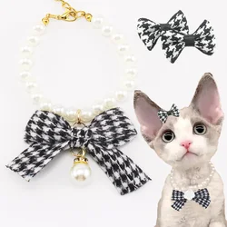 Pearl Necklace For Cats Puppy Adjustable Sash Houndstooth style Christmas Gifts Chic Pets Supplies Accessories Dogs Bows Collar