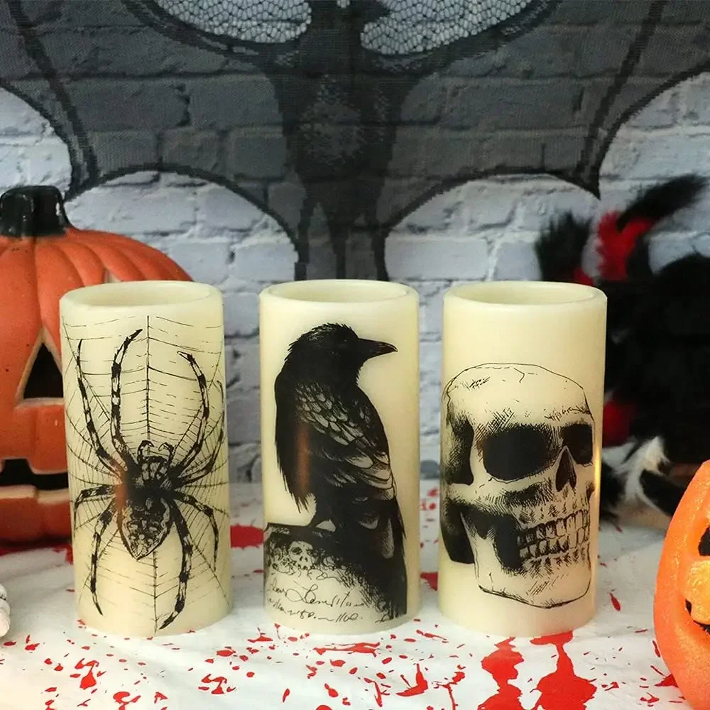 

Halloween Flickering Candles with Skull Spider Web Crow Raven Decals 3pcs/set Halloween Themed LED Candles Spooky Decoration