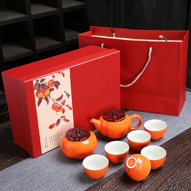 

Persimmon Ruyi Tea Set China Travel Portable Ceramic Tea Set Business Gift Set Red Persimmon Tea Caddy Ceramic Teapot and Teacup