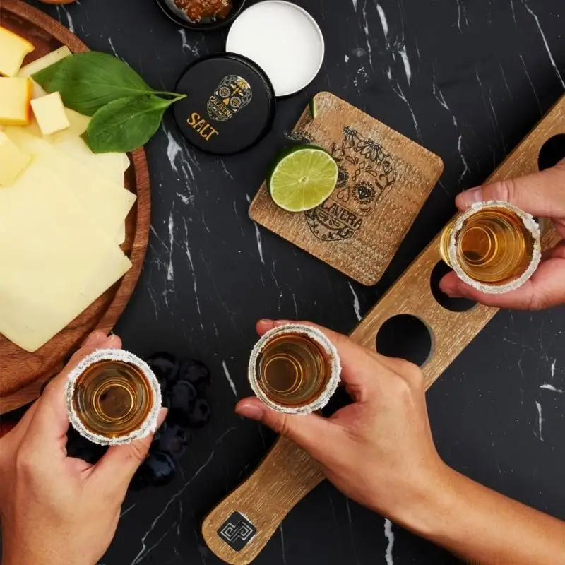 QX2E Professional Tequila Serving Solution Wooden Tray Shot Glasses Display Stand with 6 Holes Party Accessory