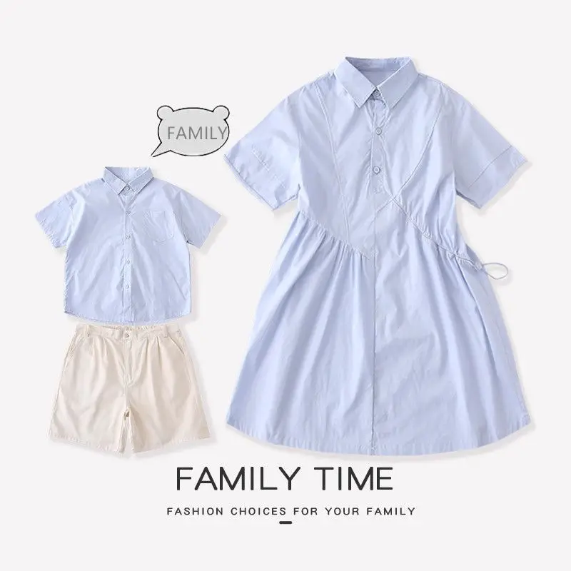 

Family Matching Outfits Basic Short Sleeve Shirt for Dad & Son Dress for Mom & Daughter Blouse Parent-Child Clothes Basic Wear
