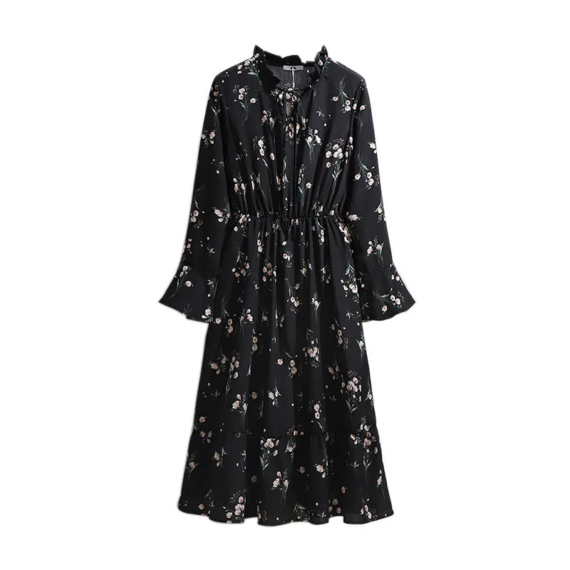 Large Size Spring Autumn Loose Floral V-Neck Chiffon Dress Bust 149cm 5XL 6XL 7XL 8XL 9XL Long Sleeve Printed Dress Black 150KG