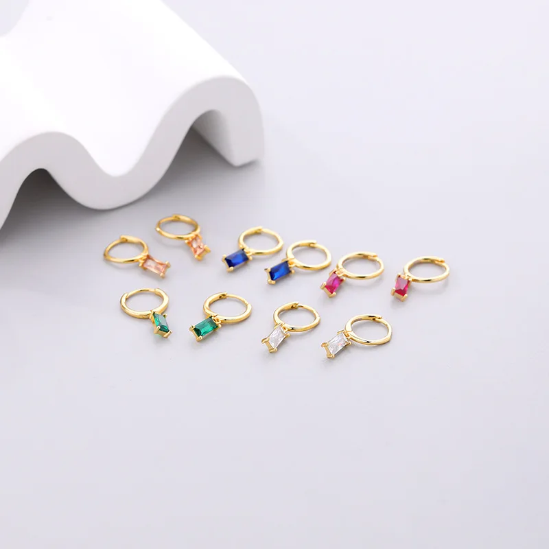 925 Sterling Silver Multicolor Geometric Square Zircon Stud Earrings for Women Fashion Simple Jewelry Accessories