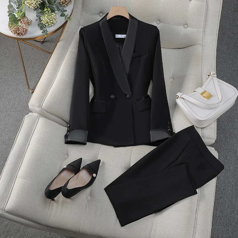 ZJYT Autumn New Women's Pants Suit 2 Piece Clothing Set Elegant Chic Color Block Blazer Jacket and Trousers Sets Red Formal Work