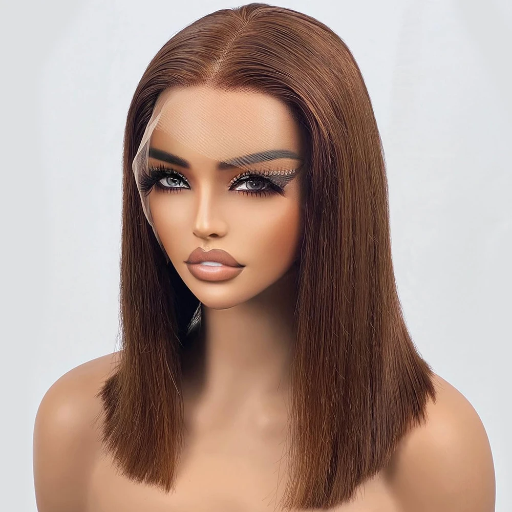 Perruque Bob Lace Front Wig 180% naturelle brun chocolat, cheveux humains, 13x4, avec nœud légèrement ombré, densité 100%, pour femmes