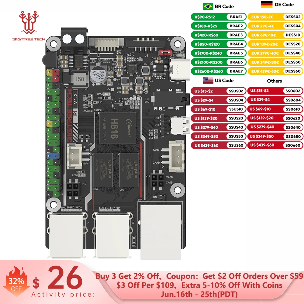 Плата BIGTREETECH BTT PI, 64-битная четырехъядерная плата Cortex-A53 ARM VS Raspberry PI Orange PI PI PI4B + CB1, обновление для 3D-принтера Klipper