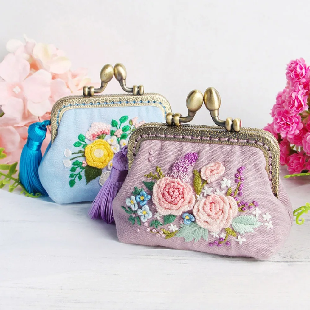 Embroidery DIY Ribbon Flowers Bags Purse Wallet Handbag, Cross Stitch Kit for Beginner Needlework Sewing Arts Craft Friend Gifts