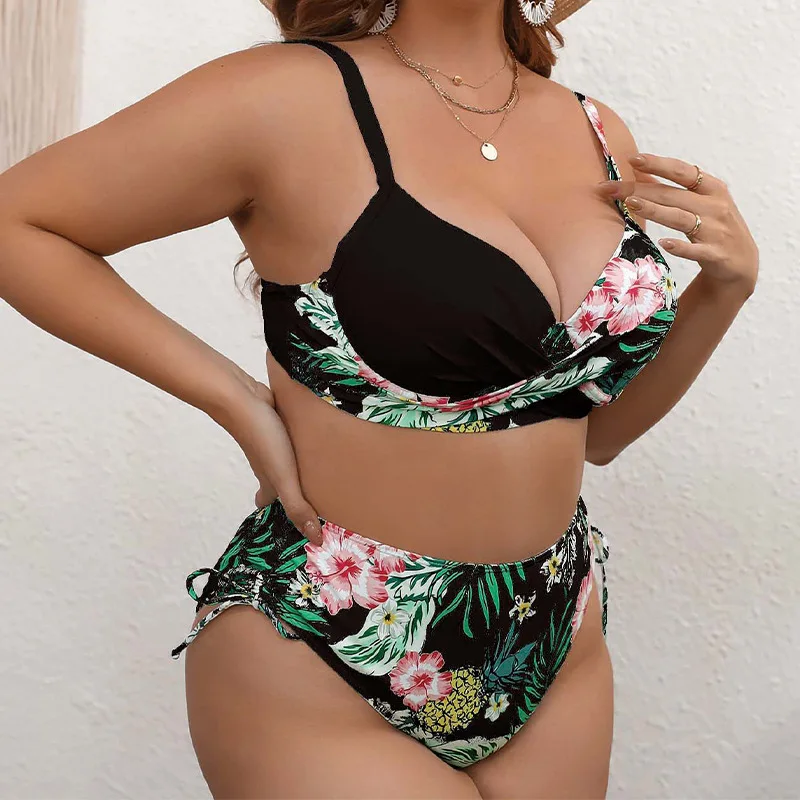 女性用ハイウエストレースビキニセット,カットアウト水着,ワイヤー入りプッシュアップブラ,水着,ラージサイズ,ニューコレクション2022, 4XL