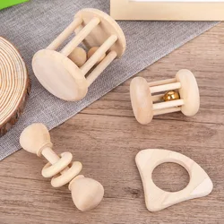 4 Pieces Wooden Baby Rattle Toy Montessori Teething Ring Log Geometric Grab Toy Natural Wood Rattle Set for Infants and Toddlers