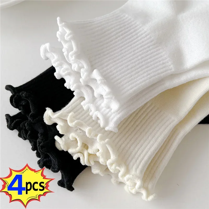 4pcs Cotton Socks Women INS Summer Cute Kawaii Luxury Korean Sock Japanese Ruffles Ankle Girl Spring Black White Middle Tube Sox