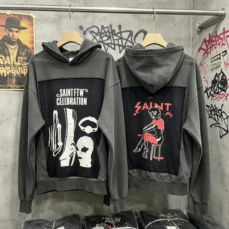 2026ss Winter Distressed SAINT Sweatshirts High-Quality Oversized Women Men Cotton Hoodies Streetwear