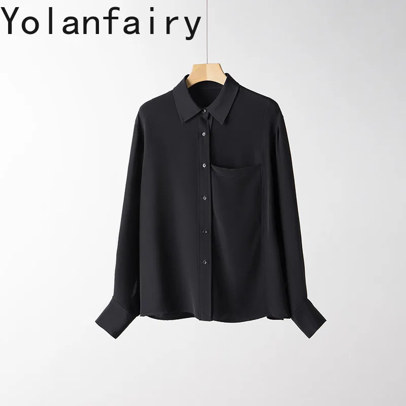 

YOLANFAIRY High Quality 100% Real Mulberry Silk Shirts for Women 2026 Solid Elegant Long Sleeve Blouse Woman Fashion Black Shirt