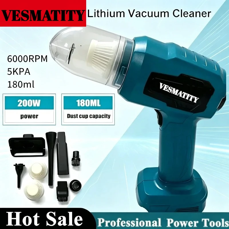 Cordless Vacuum Cleaner 7 Nozzles 200W 10000Pa Max 180ml Dust Collector Perfect for Car Workshop Use for 18V-20V battery.