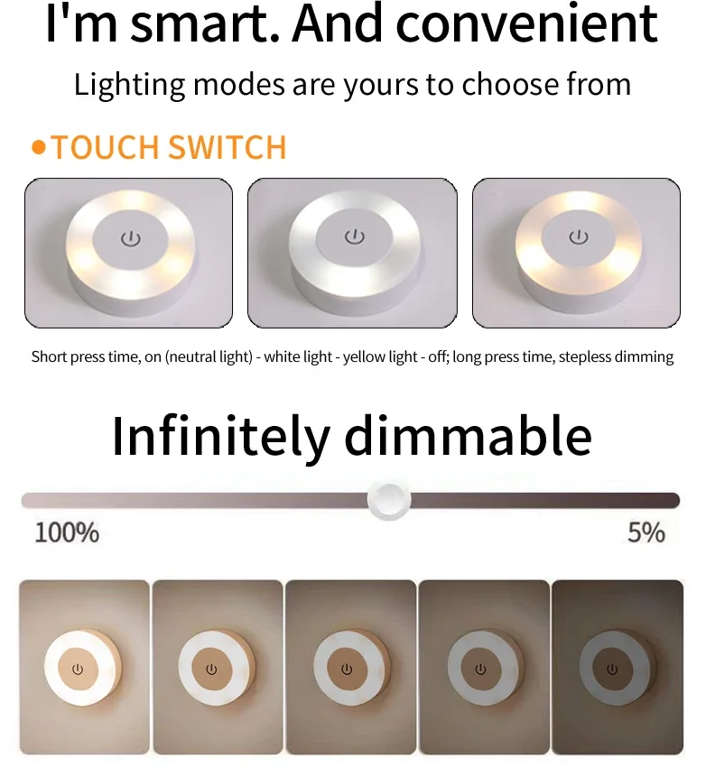 Wireless Wall Lamp Rechargeable LED Night Light With Touch Switch 3-Color Dimmable Reading Book Light For Bedroom Cabinet Closet