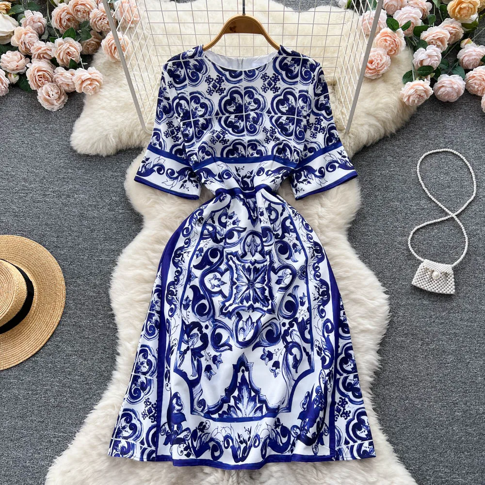 

Party Dresses For Women Elegant Vintage Porcelain Print Dress Summer Clothes Round Neck Short Sleeve Wedding Guest Midi Dress