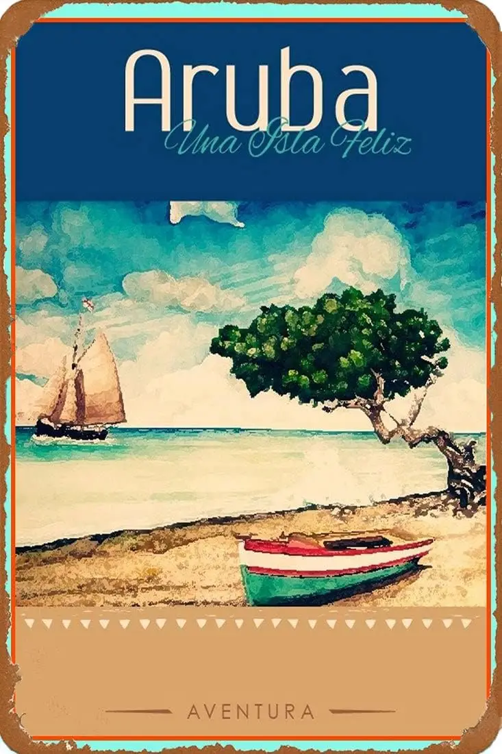 Rustic Vintage Look Metal Signs Caribbean Aruba Una Isla Feliz Dutch America Travel Advertisement Art Print Tin Poster Wall Deco