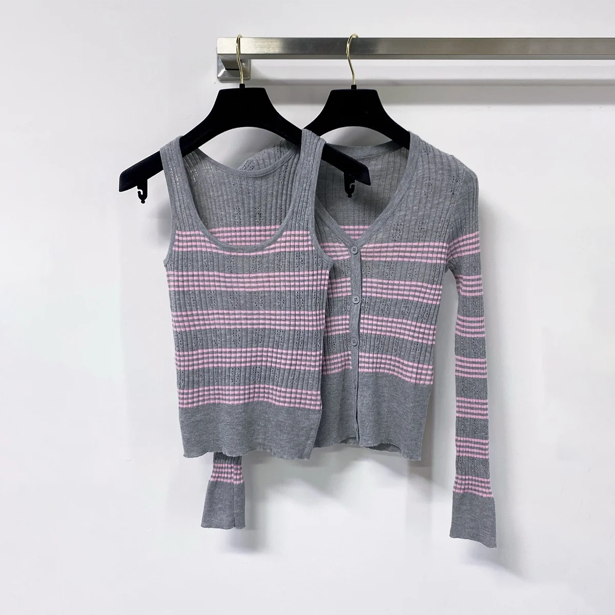 2026 High quality women's clothing Korean striped hollow knit two-piece set--2612180