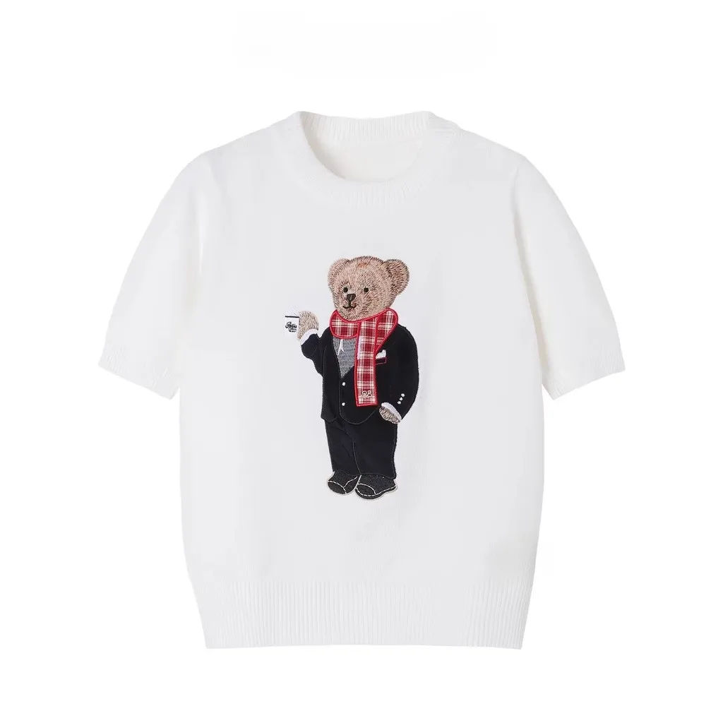 

Embroidered Bear Knit Short-sleeve Tee Shirt Crew Neck Valentine Gift 202604