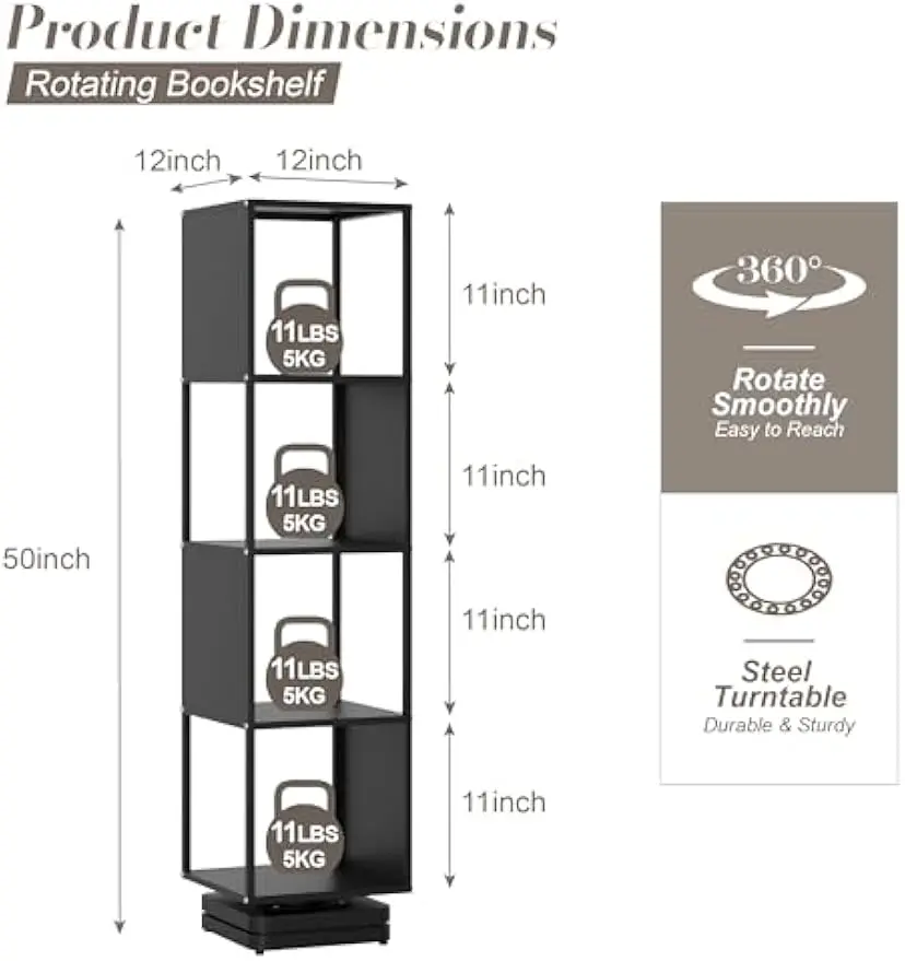 

Rotating Bookshelf, 4 Tier Metal Spinning Book Shelf Tower,360° Display Standing Bookcase for Small Space, Creative Cubic Corner