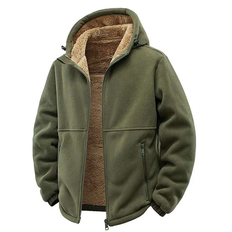 

Man Plush Jacket Autumn Winter Simple Solid Color Zipper Male Hooded Coat Long Sleeve Loose Outdoor Sport Men Outerwear