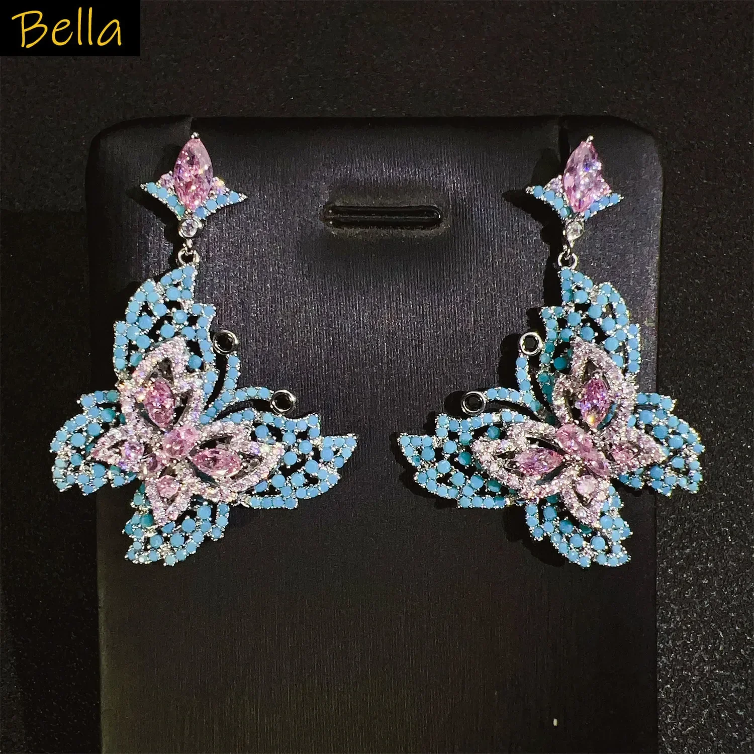 الأزرق الأسود فراشة أقراط الزركون لامعة مجوهرات فاخرة زفاف العروس عشاء حفلة أنثى هدية للذكرى السنوية الحلو