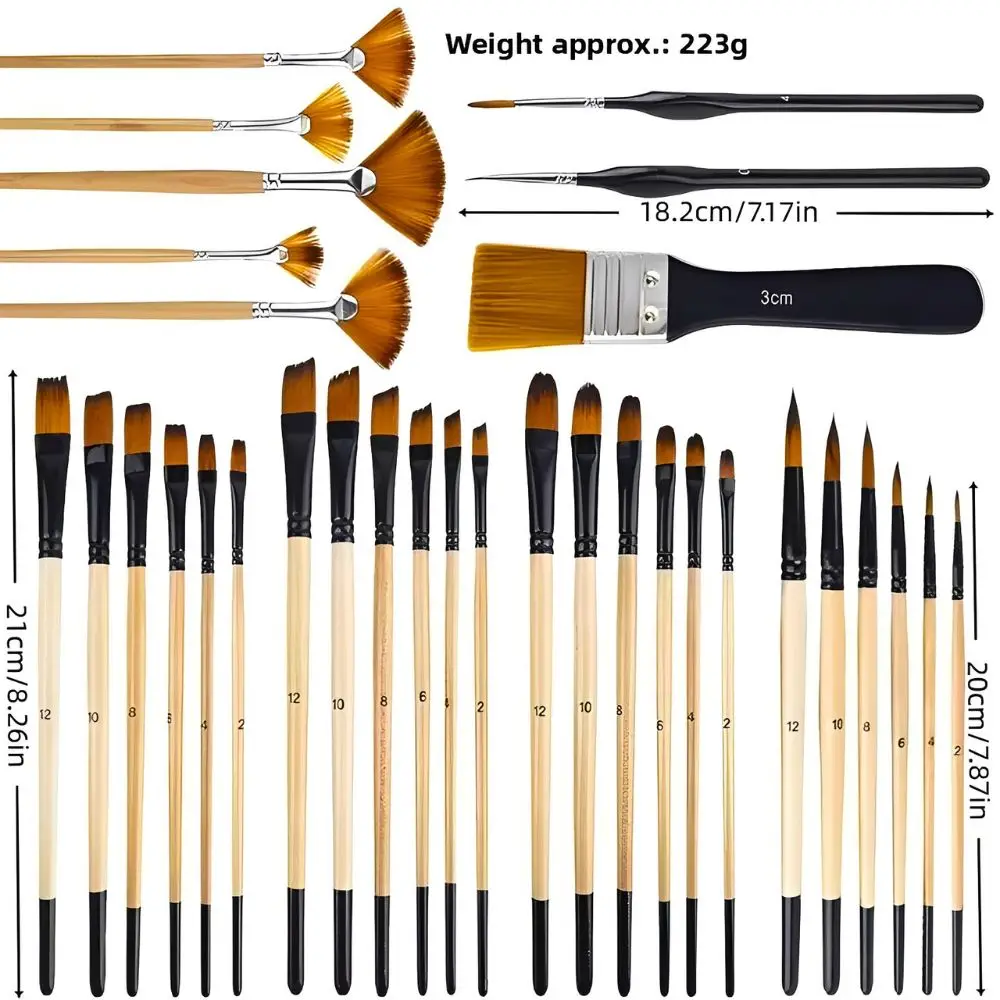 32pcs Wooden Handle Nylon Paint Brushes Assortment for Student Artists, DIY Crafts, Canvas Art Creation YMY