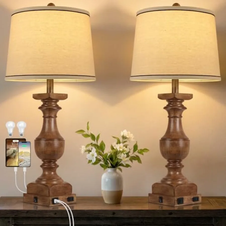 

Wood Grain Color Table Lamps, 8'' Resin Desk Lamp for Bedroom, Nightstand Lamps Set of, Farmhouse Bedside Lamps with Linen Shad