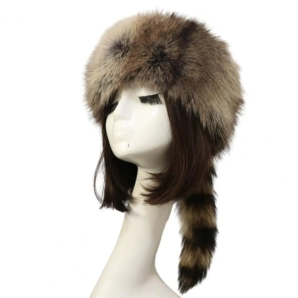 Ladies Winter Hat Soft Faux Fur Decor Elastic Hat Heat Retention Cossack Style Anti-slip Elastic Flat Top No Brim Outdoor Cap