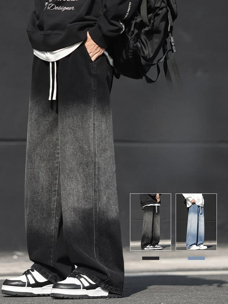 

Thiened Fce Lined обычные цветные джинсовые джинсы для мужчин, осень-зима, свободные прямые брюки, новые широкие брюки для подростков