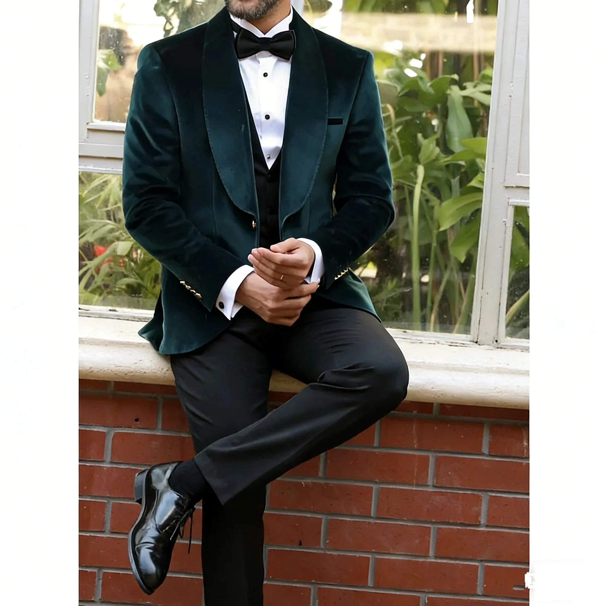 Banquet Wedding Men Suits Shawl Lapel One Button Formal Party Groom Prom Tuxedos 3 Pieces Velvet Blazer Black Solid Vest+Pants