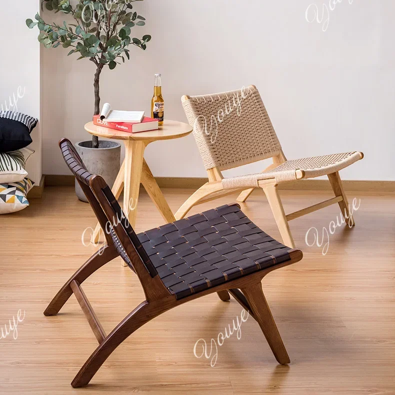 Sofa single living room negotiation Nordic solid wood leisure chair designer balcony weaving wabi-sabi wind