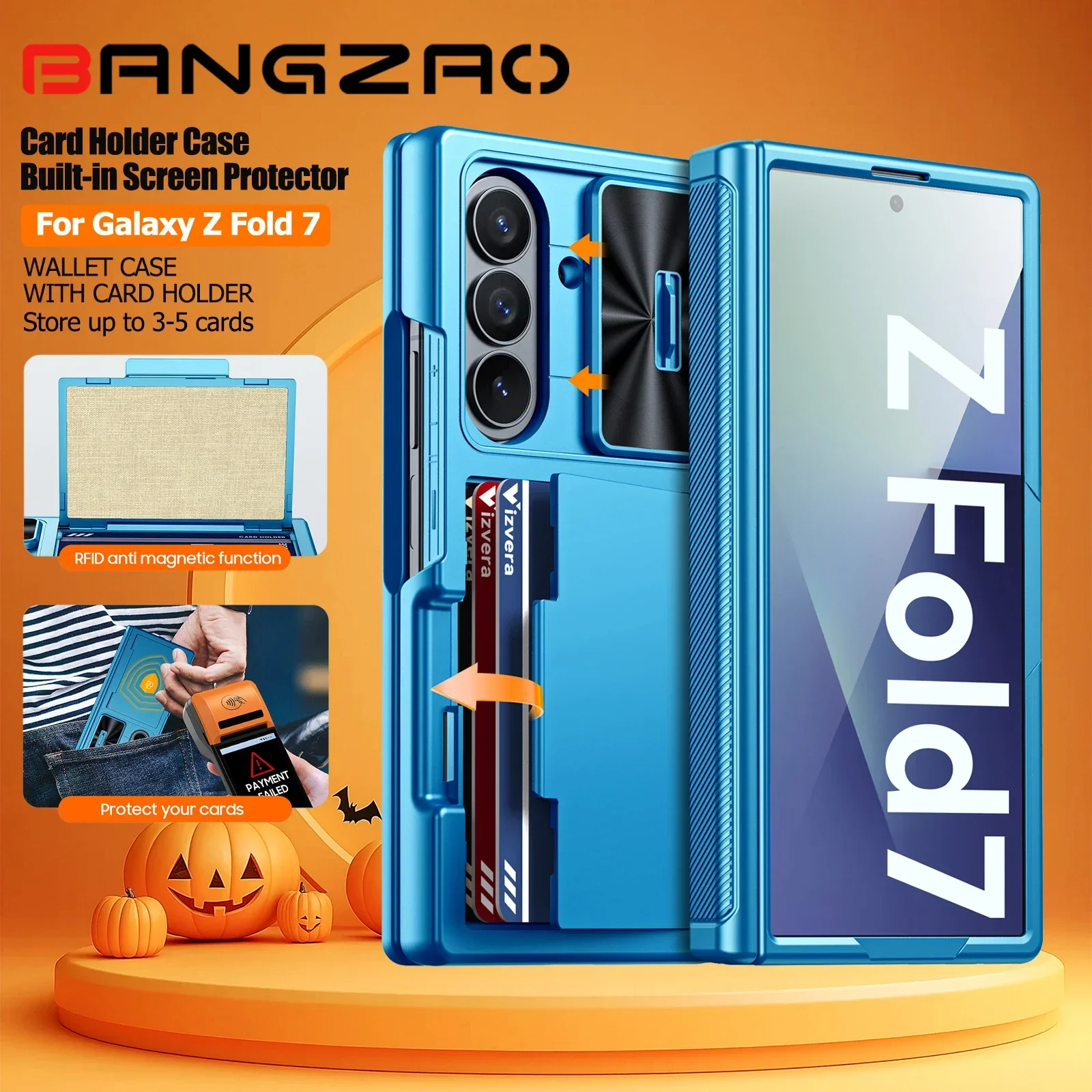 

Halloween Gifts for Galaxy Z Fold 7 RFID Wallet with Cards Holder,Hinge Cover,Camera Cover,Shockproof Silicone Case-Light Blue