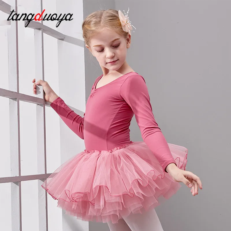 Meninas ballet collants bowknot vestido de dança crianças manga longa collants ginástica rosa algodão crianças ginástica bodysuits vestido