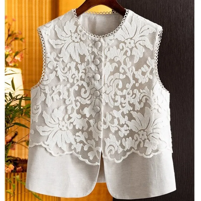 

Vintage Embroidery Vest Womens Tank Top Sleeveless Cardigan O Neck Single-breasted Top Lace Patchwork Jacket Y2k Coats