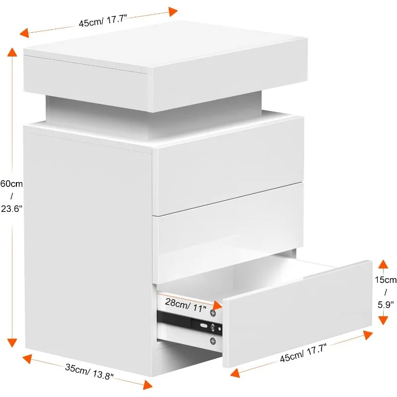 Set of 2 with LED, End Tables with 3 Drawers and I Flapping Top Box, White Nightstand for Bedroom, Living Room, Moder