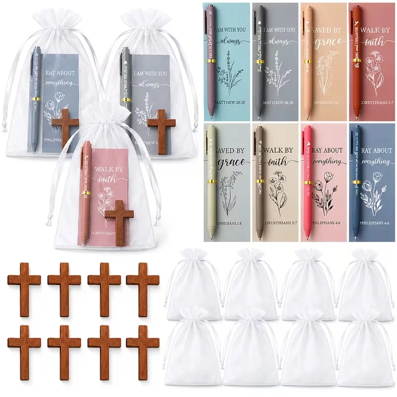 8/16 Sets Cross Bible Pen And Card (With Mesh Bag) For Bible Prayer Christian Devotional Christmas Gifts Religious Church Supply