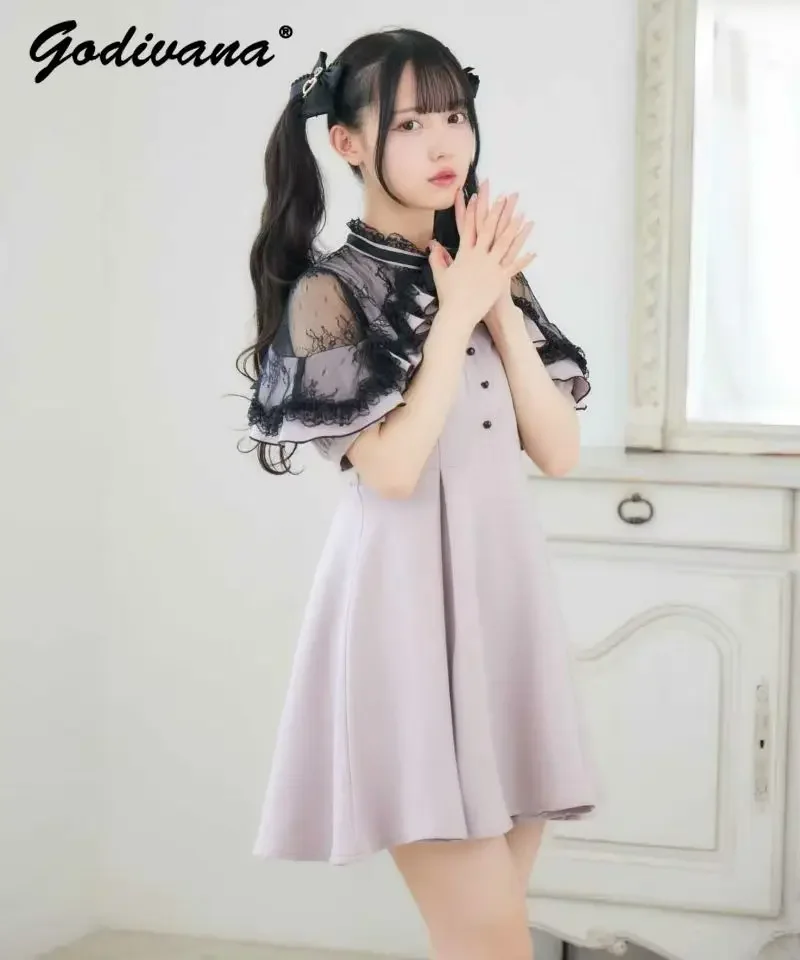 Japanese Lolita Style Short Sleeve Dress Summer New Sweet Fashion Shoulder-Baring Mine Series Mass-Produced Slim Fit Dress Women